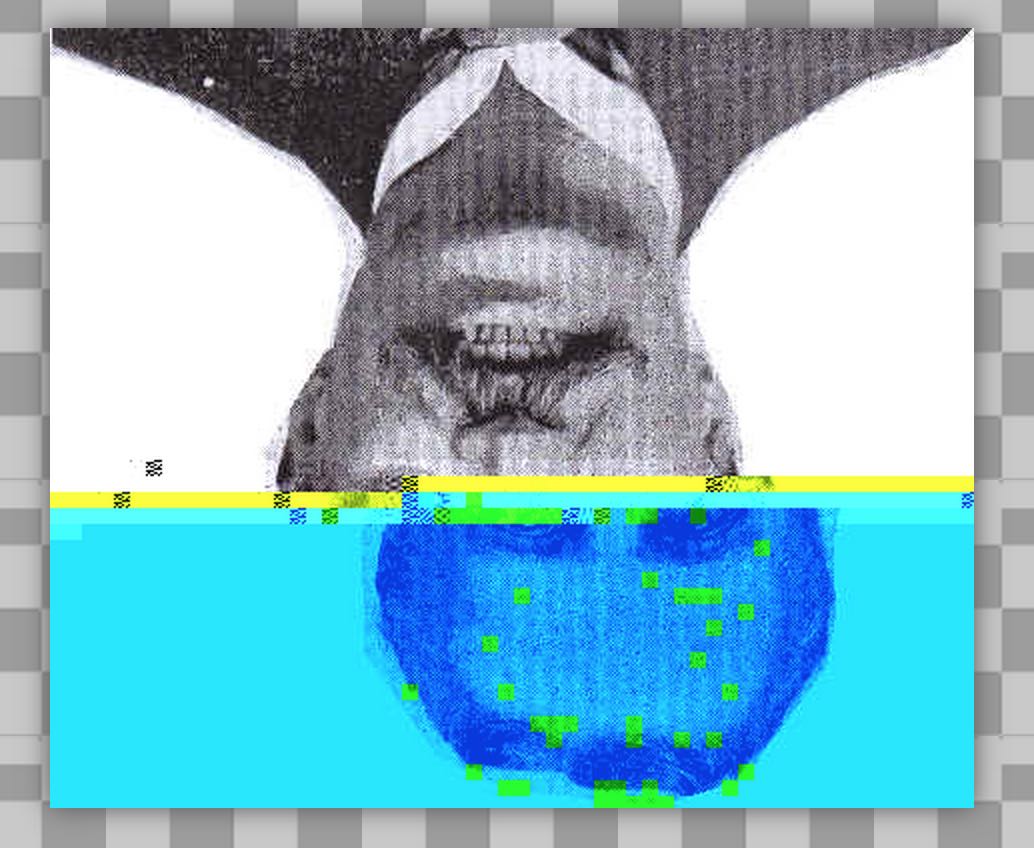 upside down photo of a man with glitches and image artifacts