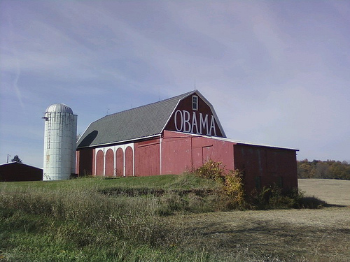 A barn with OBAMA written on it
